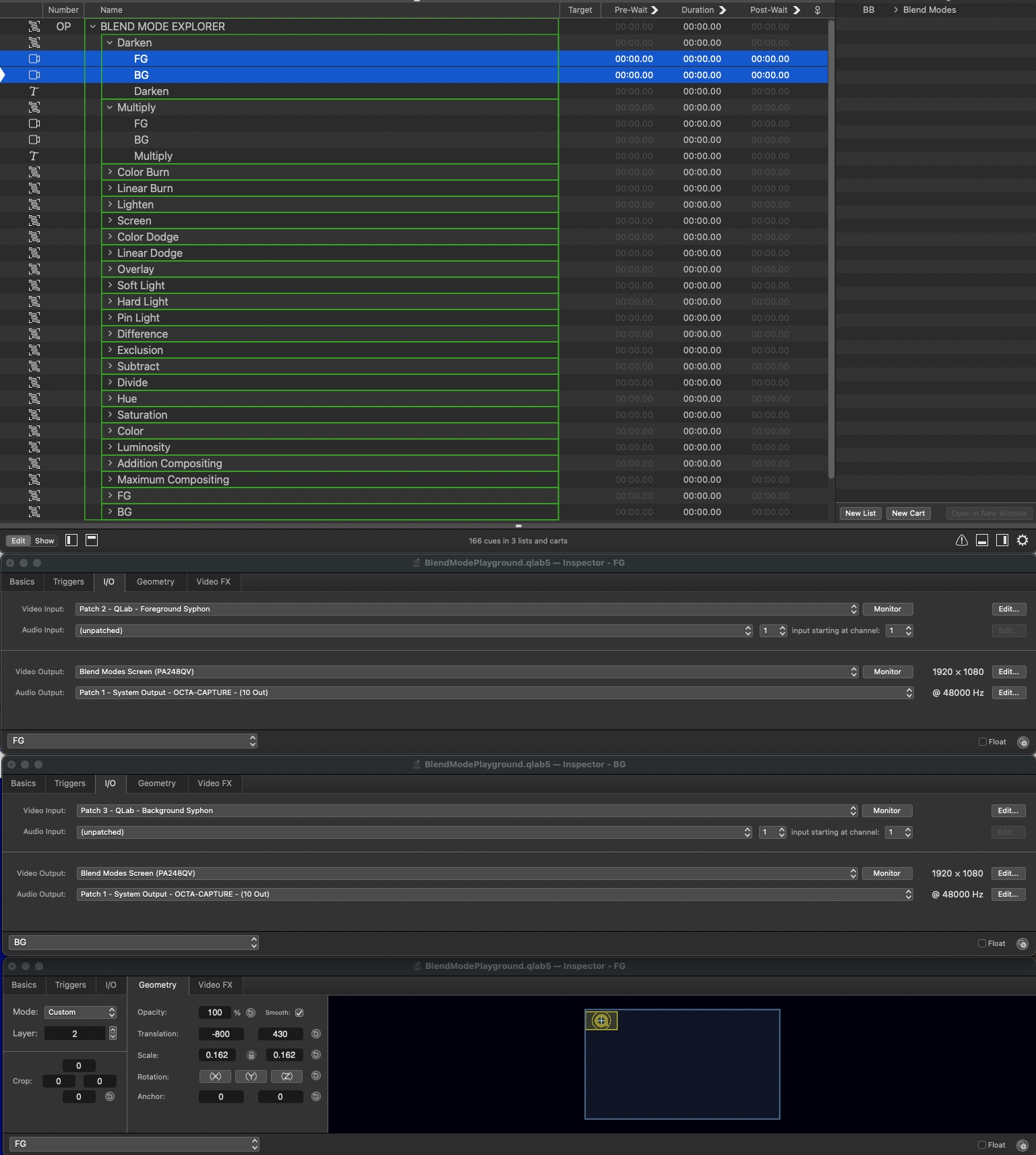 Blend modes cue list