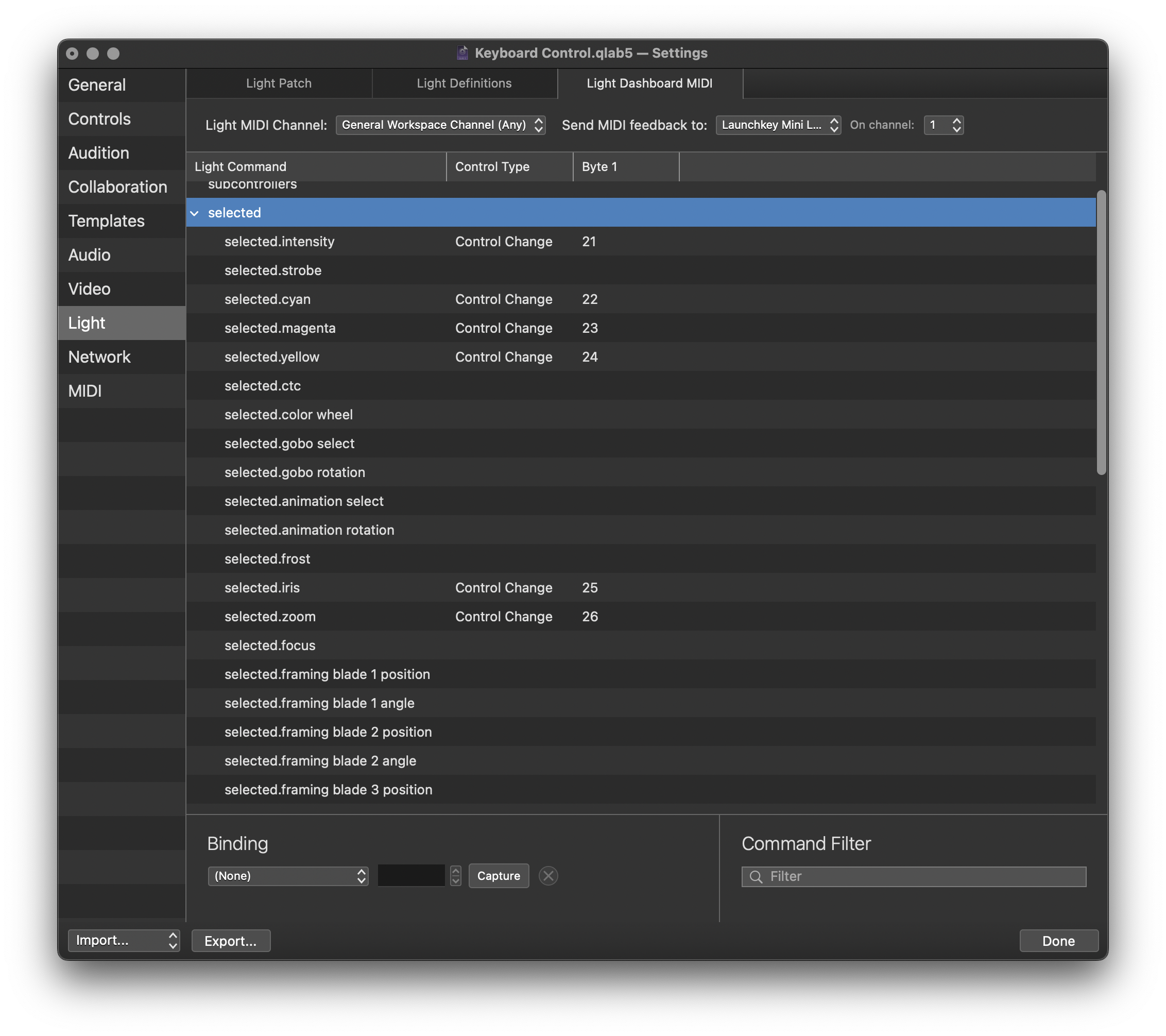 Light Dashboard MIDI settings