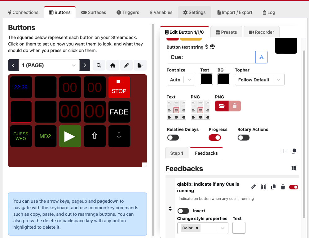 Cue button feedback setup