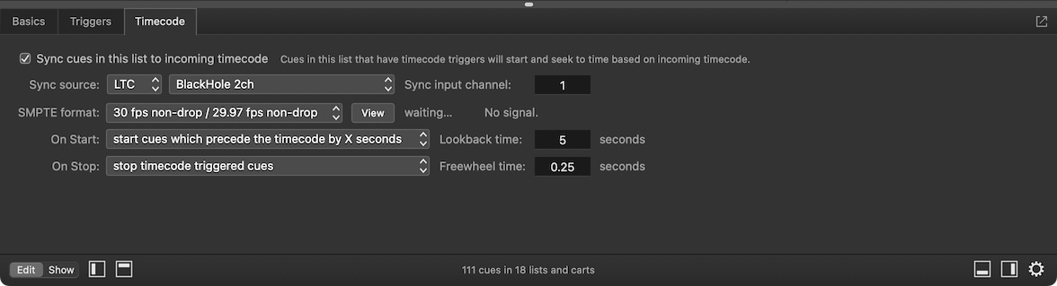 The Timecode tab