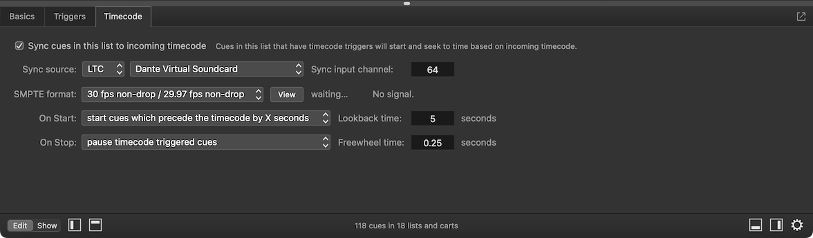 The Timecode tab