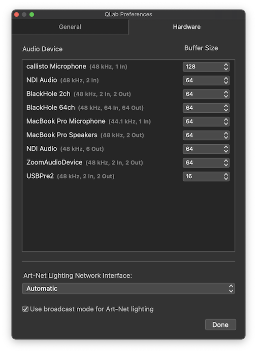 QLab Preferences - Hardware