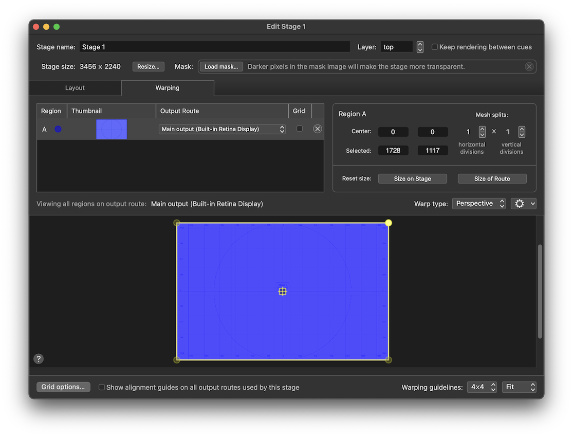 The video stage editor - warping tab